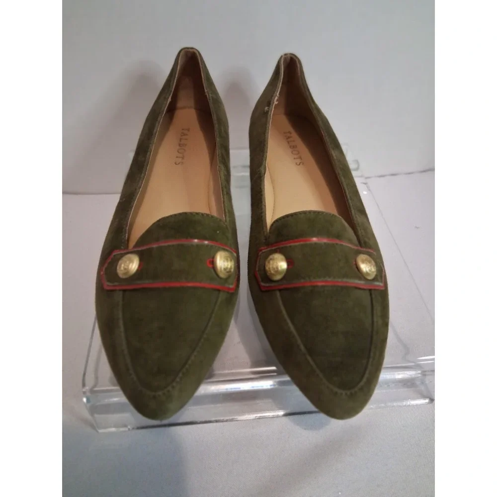 Talbots Olive Green Suede Pointed Toe Loafers Gold Button Red Trim Flats 7.5M
